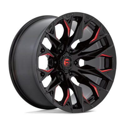 Fuel D823 FLAME 20x9 wheel in Gloss Black Milled with Candy Red accents, featuring a 6x135 bolt pattern and +20mm offset.