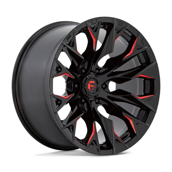 Fuel D823 FLAME 20x9 wheel in Gloss Black Milled with Candy Red accents, featuring a 6x135 bolt pattern and +20mm offset.