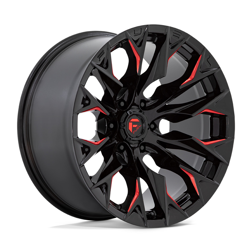 Fuel D823 FLAME 20x9 wheel in Gloss Black Milled with Candy Red accents, featuring a 6x135 bolt pattern and +20mm offset.